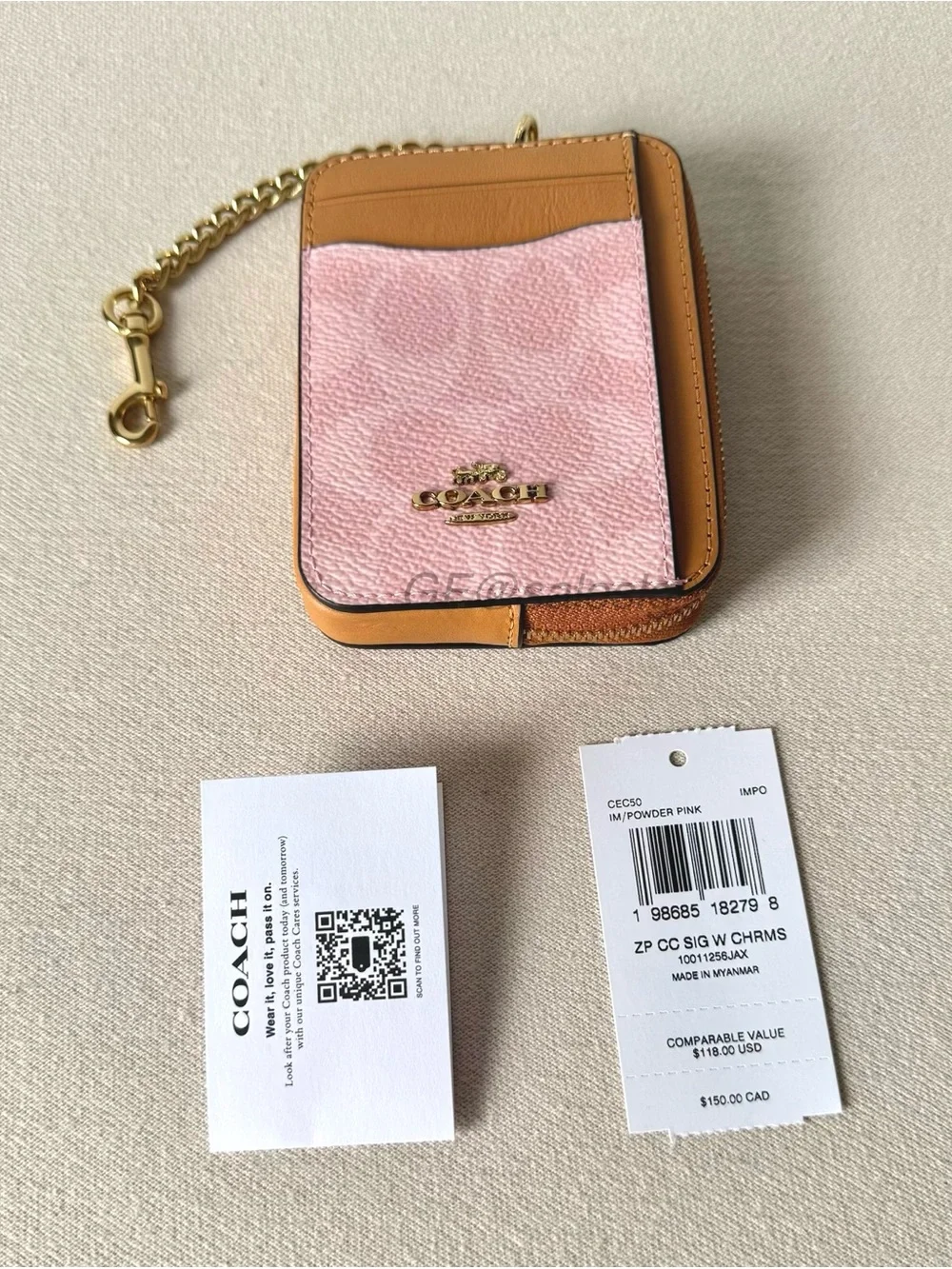 NWT Coach Powder Pink Zip Card Case Wallet Charm Signature Canvas CEC50